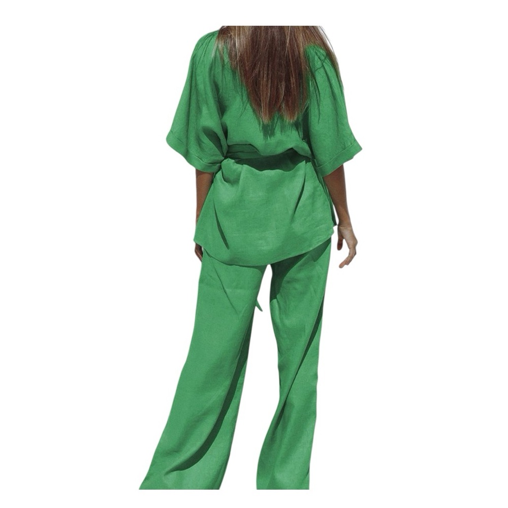 COMMENSE Oversized Linen Tied Two Piece Pants Set Color: Green, size XS NWT - Picture 2 of 10
